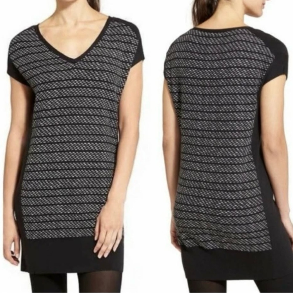 Athleta Thereafter Black and Gray Striped V-Neck Tunic